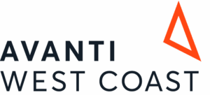Avanti West Coast Logo, Black Font with Orange Triangle Symbol