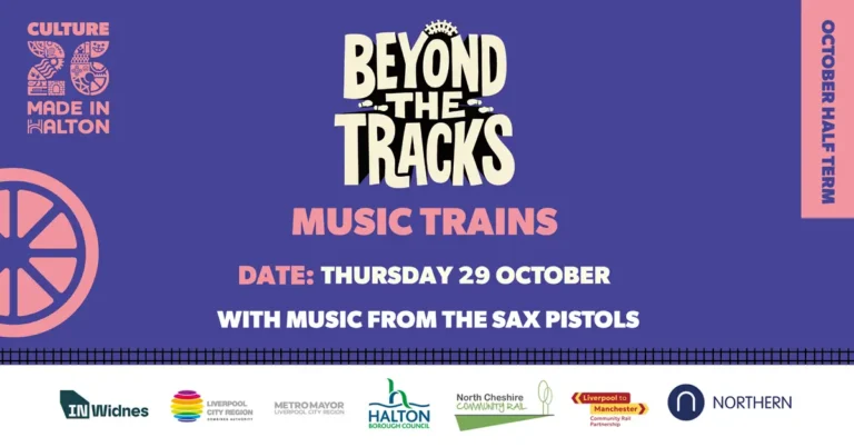 Beyond the Tracks Music Trains poster featuring Sax Pistols on Thursday 29 October 2026, with logos of the event's supporting partners.